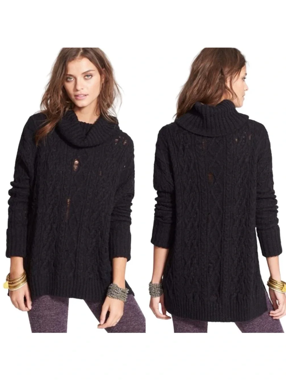 Free People Distressed Cable Knit Turtleneck Sweater Oversized Cowl‎ Black Small